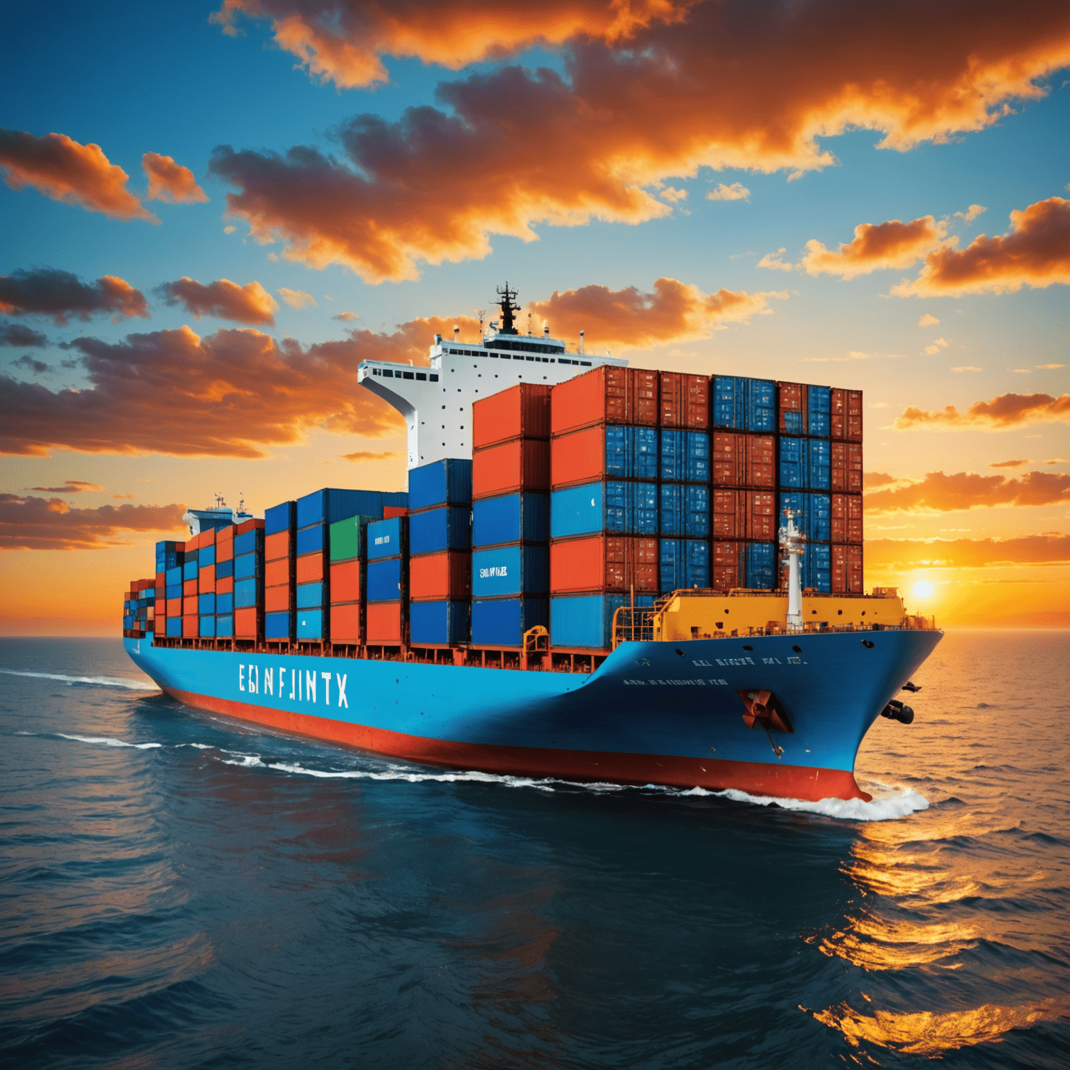 A large container ship loaded with colorful shipping containers, symbolizing global trade and international shipping routes, with a vibrant sunset in the background