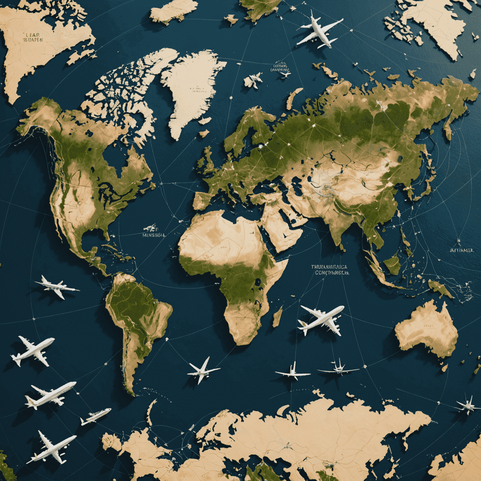 A global map with interconnected shipping routes, cargo ships, and airplanes traversing oceans and continents, symbolizing international shipping networks
