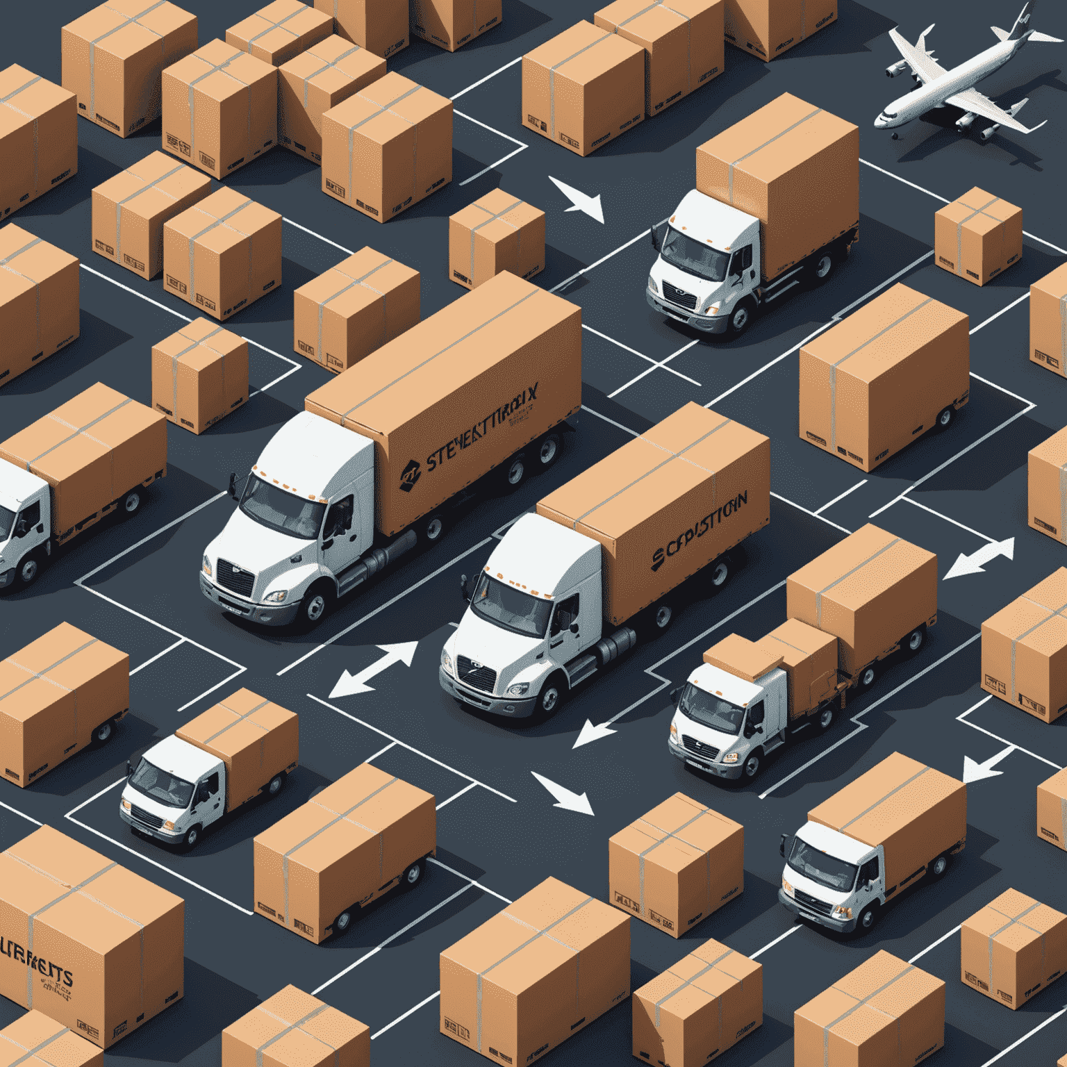 Illustration of package consolidation process: multiple small packages being combined into one large shipment, with arrows pointing to a single delivery truck, symbolizing efficiency and cost savings
