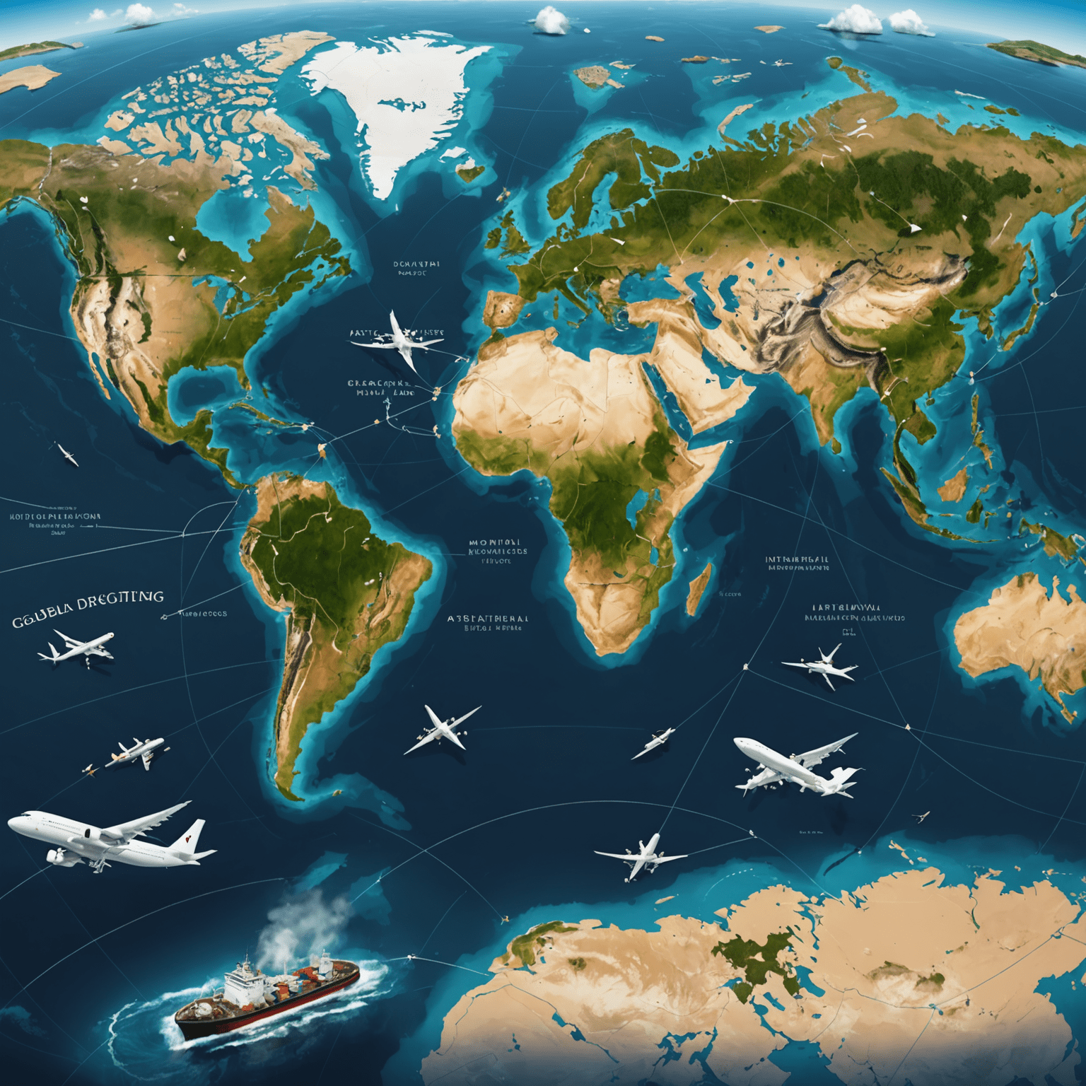 A world map with animated shipping routes, cargo ships, and airplanes moving across oceans and continents, symbolizing global shipping trends and international logistics