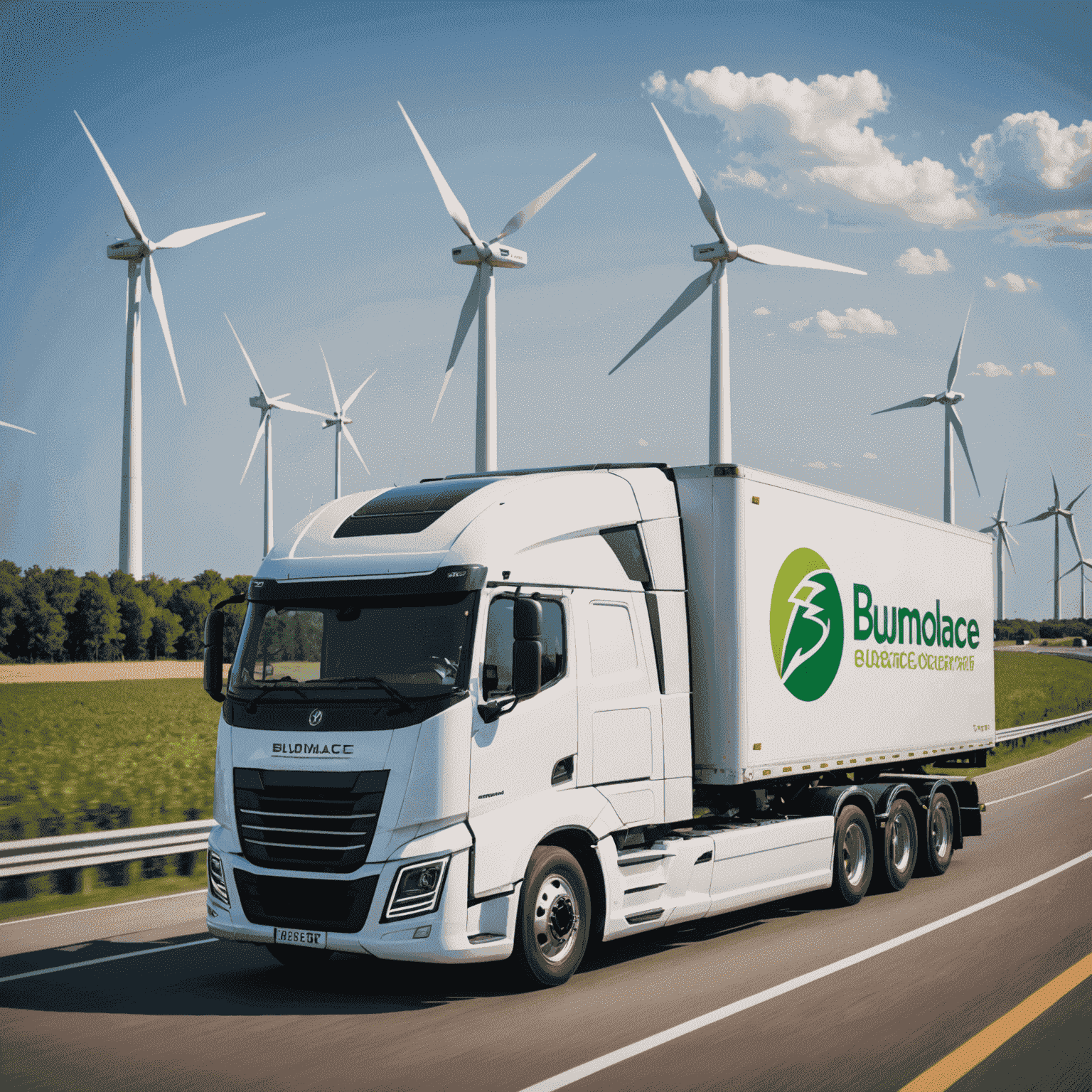 An electric truck with Bumolacer logo, showcasing sustainable shipping solutions, driving on a highway with wind turbines in the background