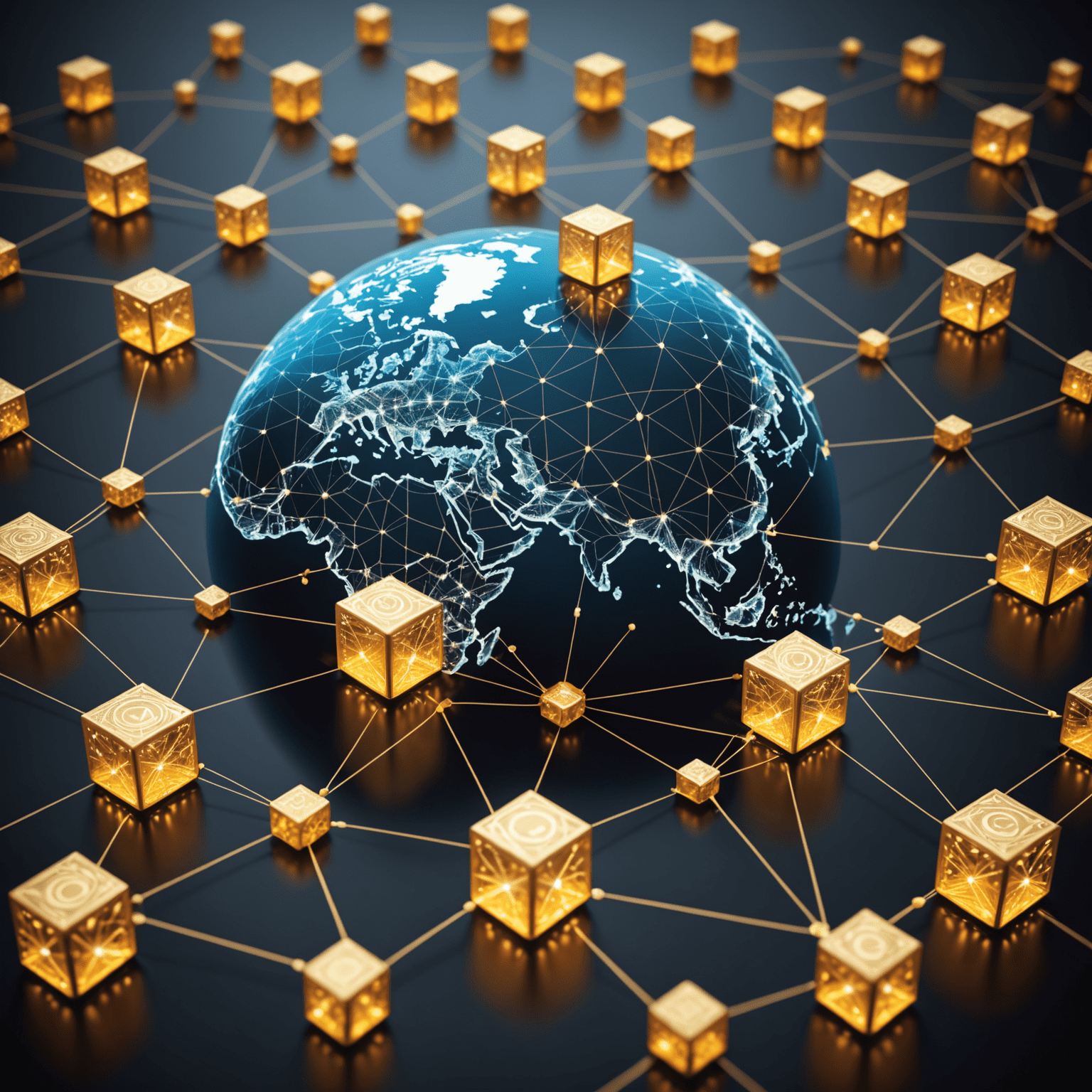 Visual representation of a blockchain network connecting various points in a global supply chain