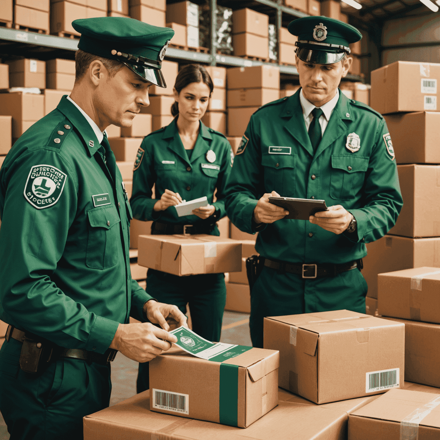 A stylized illustration of customs officers inspecting packages, with a green 'approved' stamp hovering above, representing smooth custom clearance processes