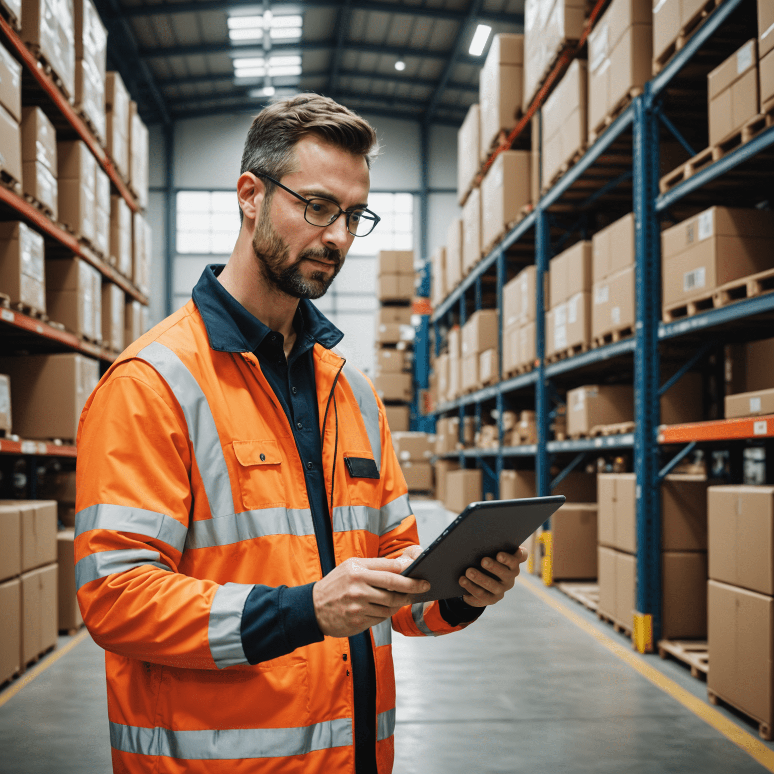 Bumolacer logistics professional using a tablet to manage shipments in a modern warehouse filled with parcels and high-tech sorting equipment