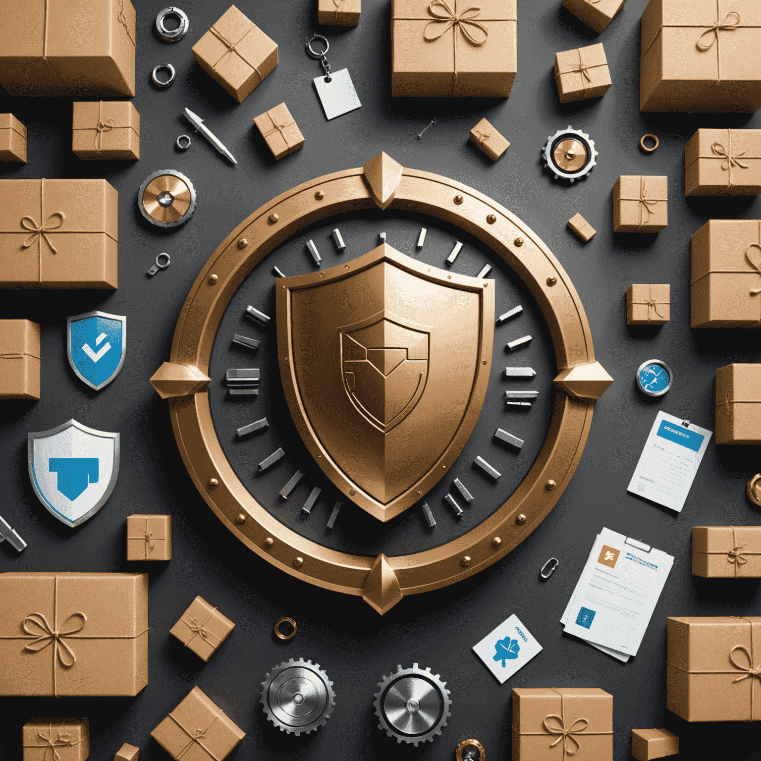 A secure vault with a shield icon, surrounded by various package types, symbolizing our comprehensive insurance coverage for all kinds of shipments