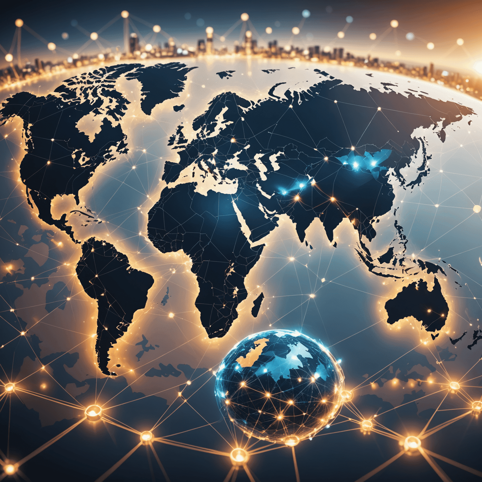 A digital representation of a blockchain network overlaid on a world map, illustrating the global connectivity and security in modern supply chain management