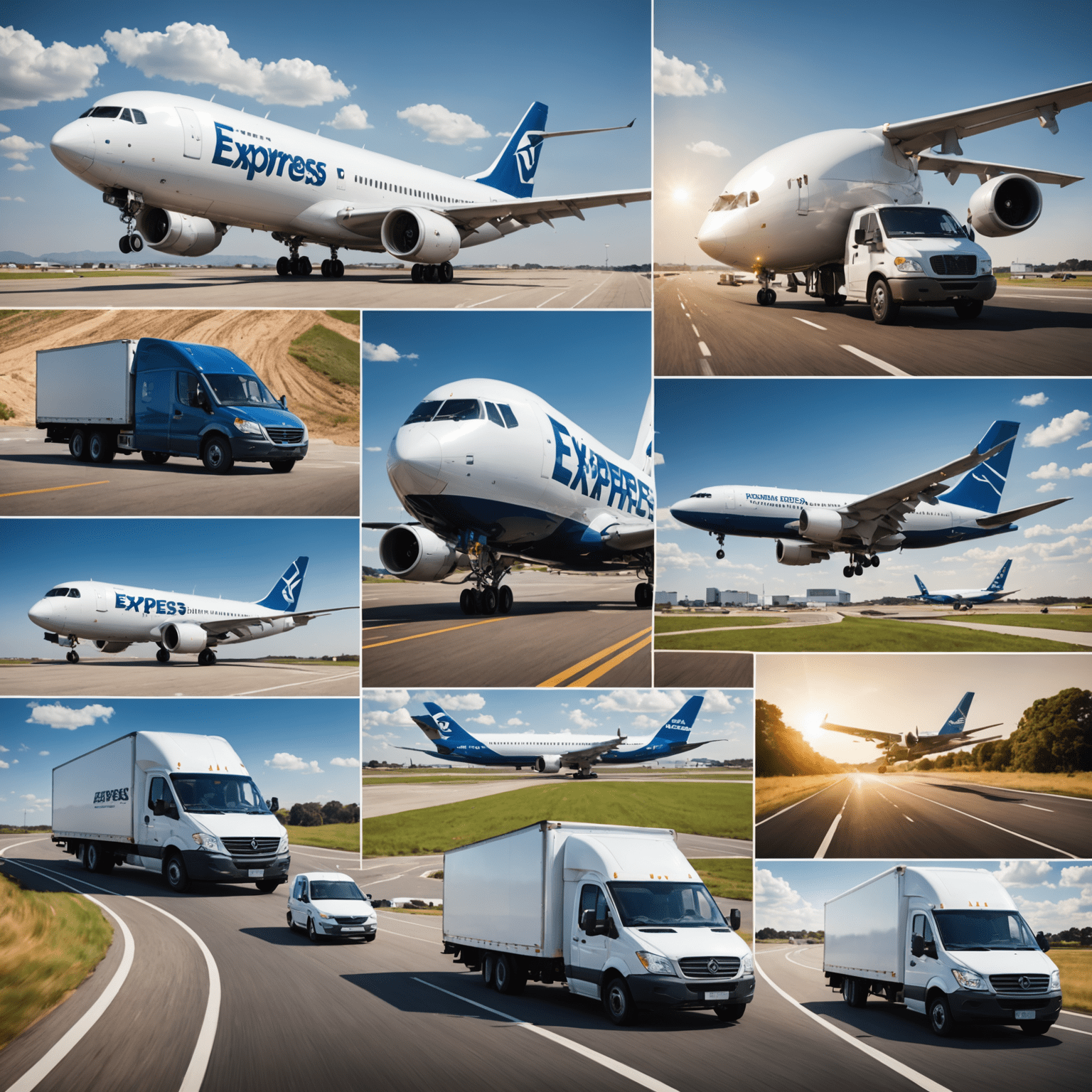 Collage of various express delivery scenarios, including air freight, road transport, and last-mile delivery, emphasizing the global reach and efficiency of our service