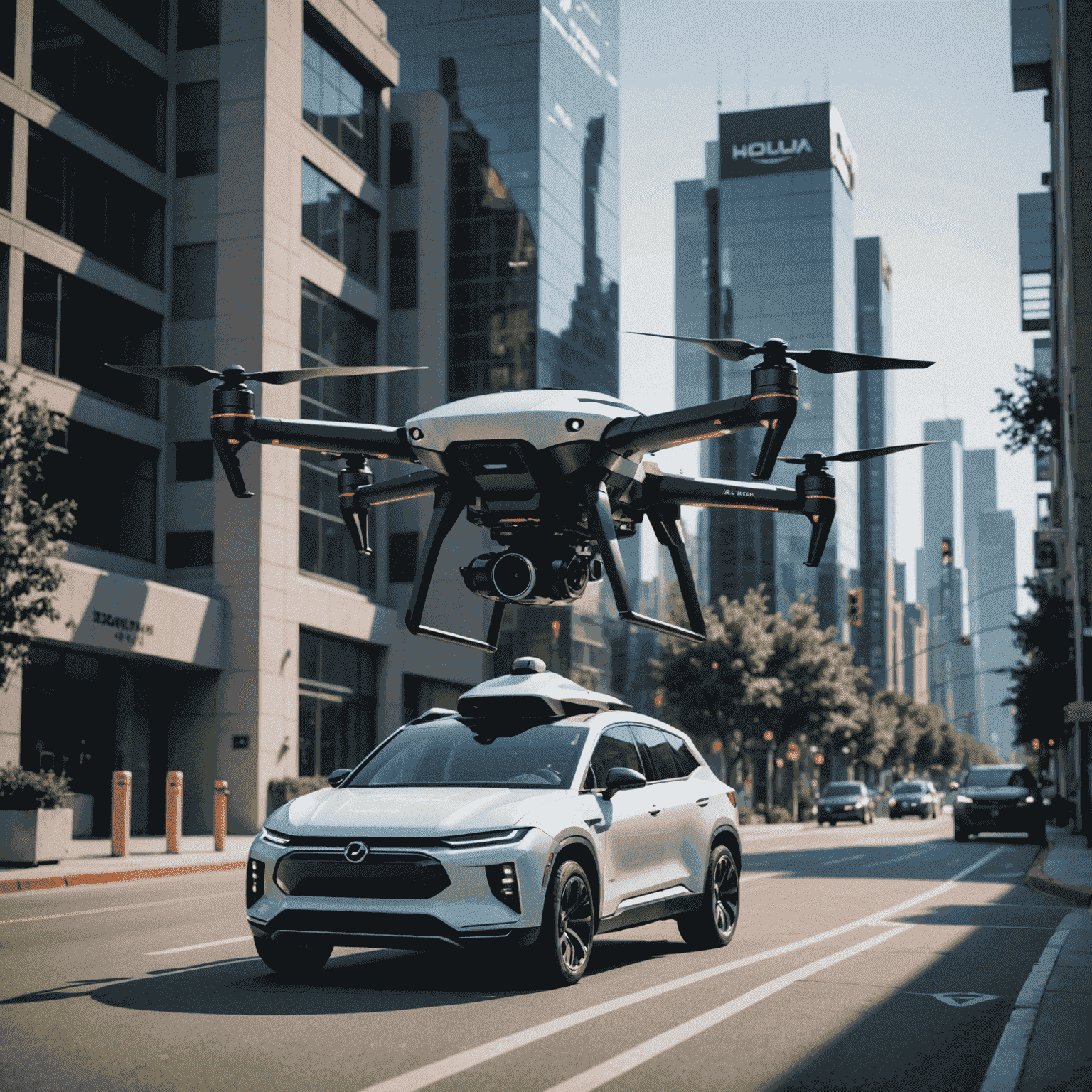 Futuristic delivery drones, autonomous vehicles, and advanced tracking systems with holographic displays, showcasing cutting-edge technologies in the delivery industry