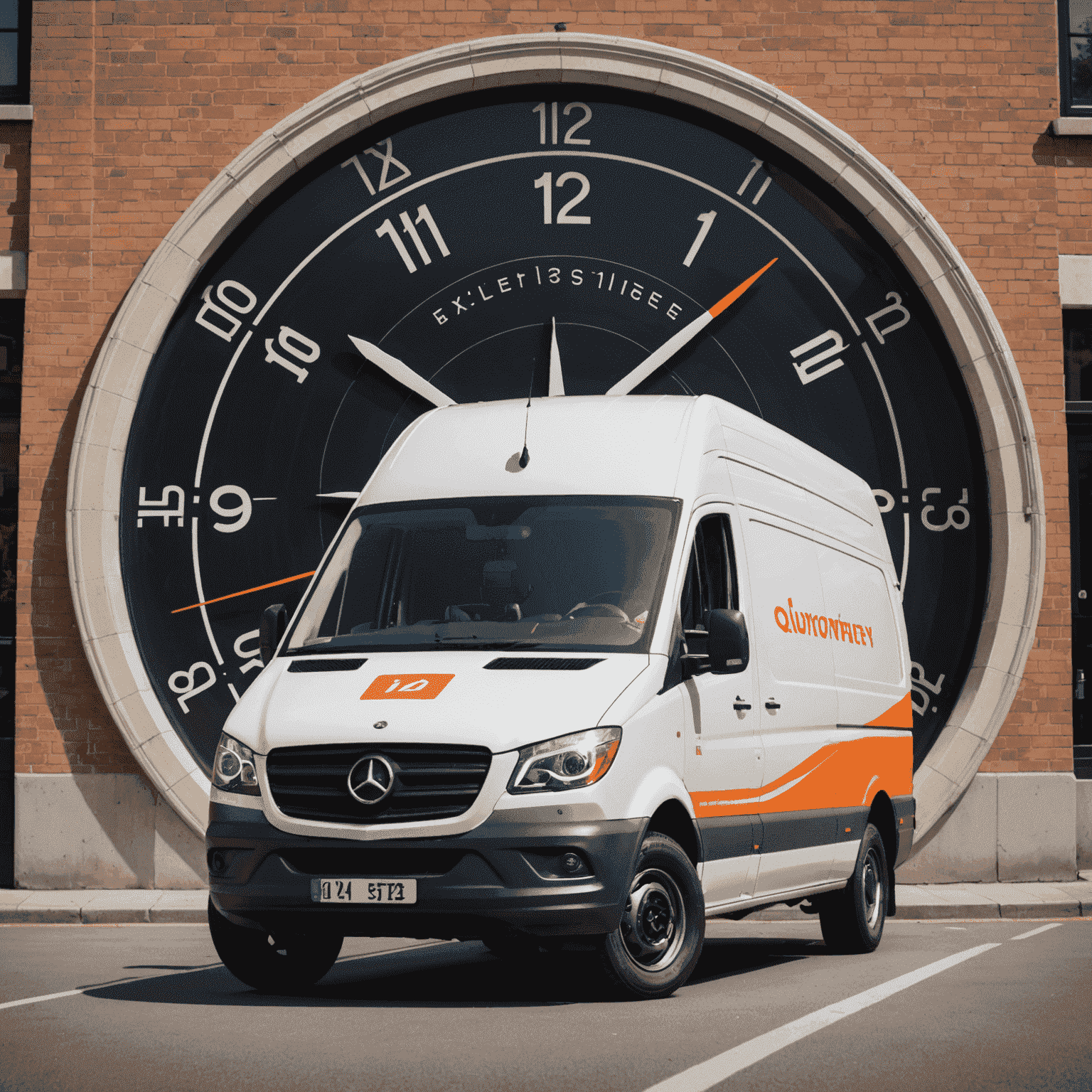 A high-speed delivery van with motion lines, racing against a clock, emphasizing quick and timely express delivery