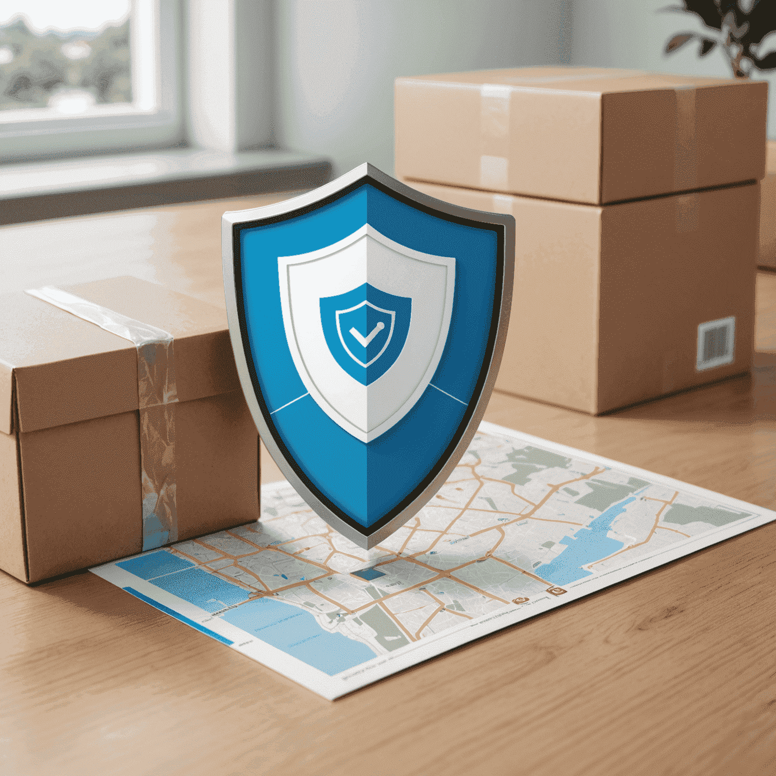 A split image: one side showing a digital map with a tracking pin, the other side showing a shield icon over a package, representing tracking and insurance services